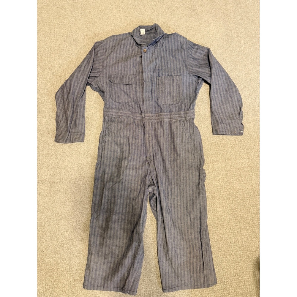 Vintage Herringbone Twill Coveralls Mens 42 Blue White Striped Cotton Workwear